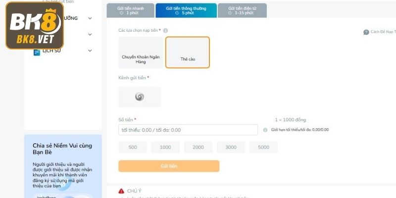 Cách nạp tiền BK8 bằng thẻ cào