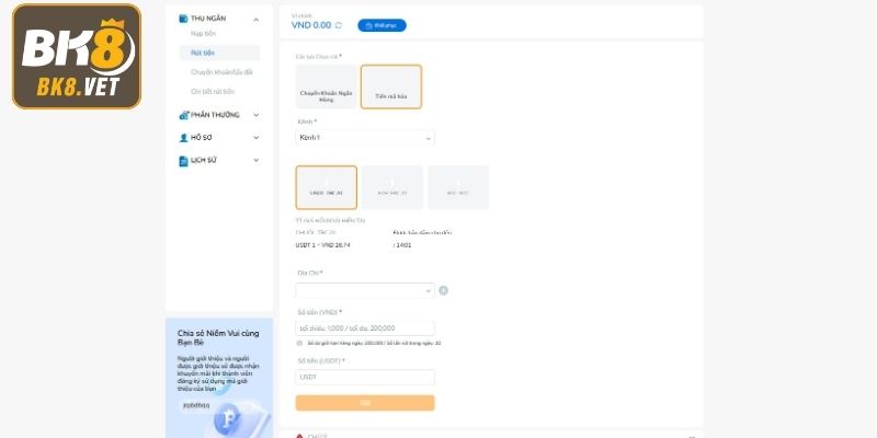 Giao dịch tại BK8 bằng tiền mã hóa